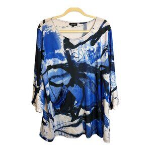 Damee Blouse Women's Size 3X Abstract Artsy Office Bell Sleeves Blue‎ White